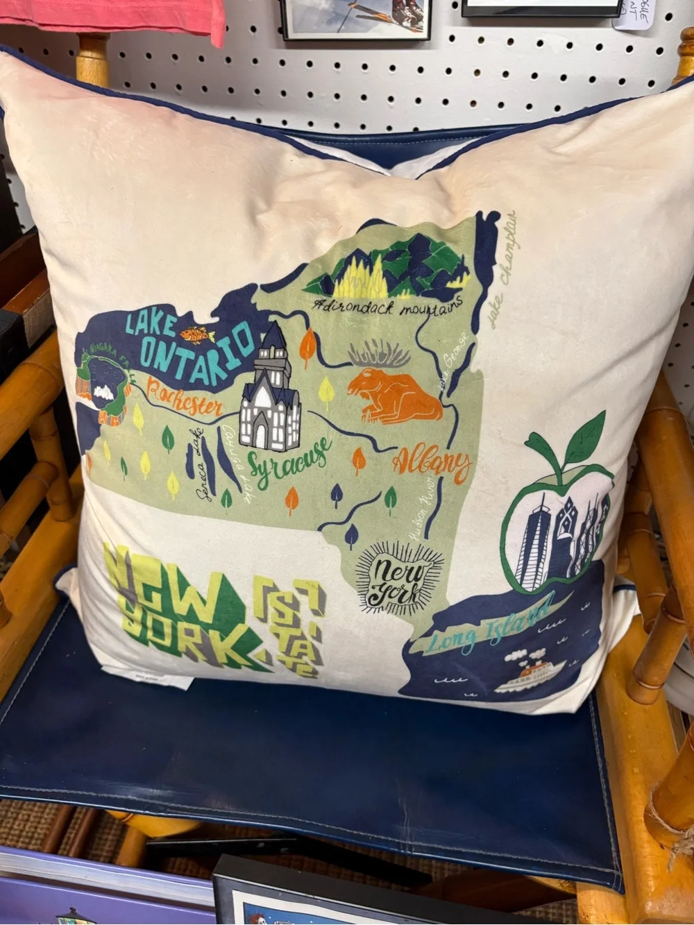 New York State Decorative Throw Pillow - Super Soft Cream & Blue Map Design